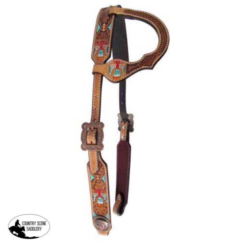 Showman Argentina cow leather single ear headstall with hand painted thunderbird design.