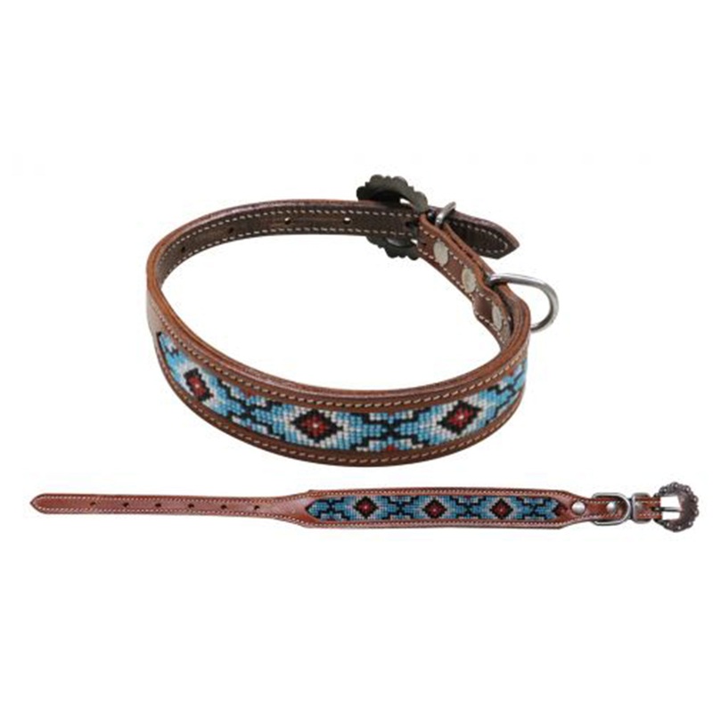 Showman Couture Beaded inlay leather dog collar with copper buckle – teal and black