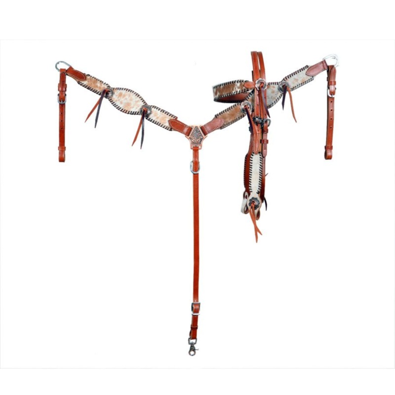 Showman Medium Oil Cowhide inlay browband headstall and breast collar set with black rawhide lacing.