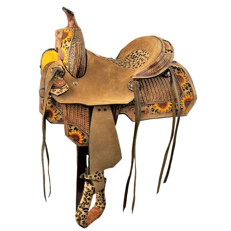 10″ Double T  Youth Hard Seat Barrel style saddle with Cheetah Seat and sunflower painted accents