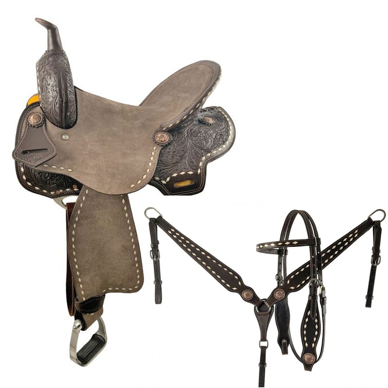 Double T Barrel Style Saddle Set with Floral Tooled Skirts – 15, 16 Inch