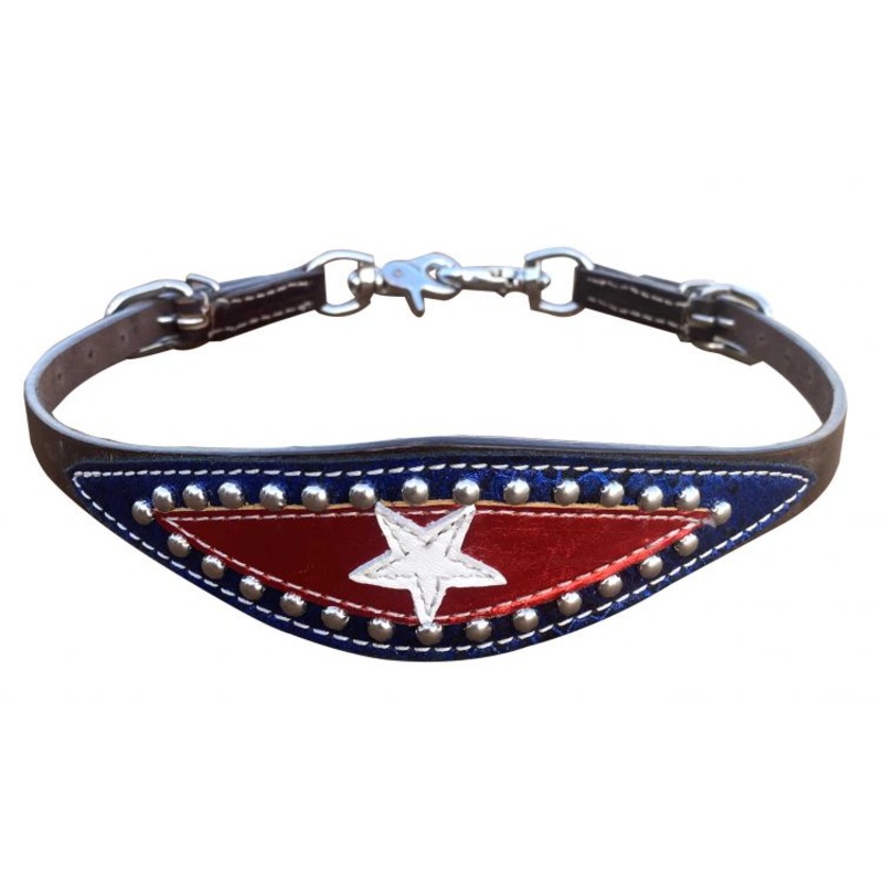Showman  Leather wither strap with white star over a red metallic and blue snakeskin inlay