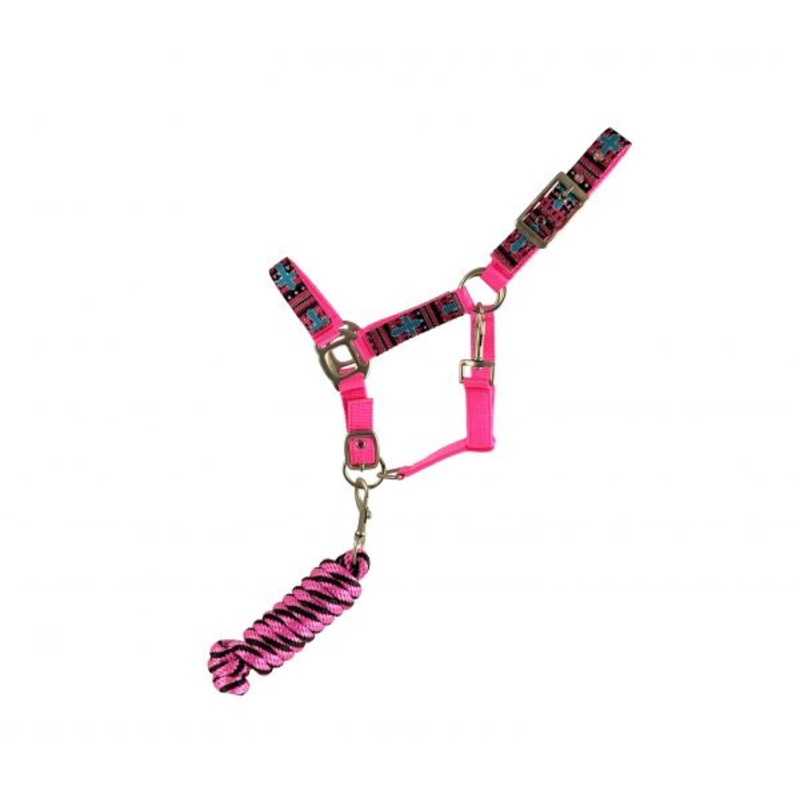 Showman  Pony triple ply pink nylon halter with cross print overlay & lead rope with brass plated hardware