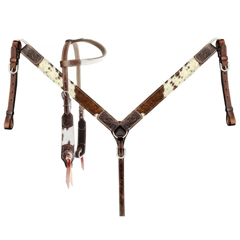 Showman  Brown and White hair on cowhide Single Ear Headstall and Breast Collar Set