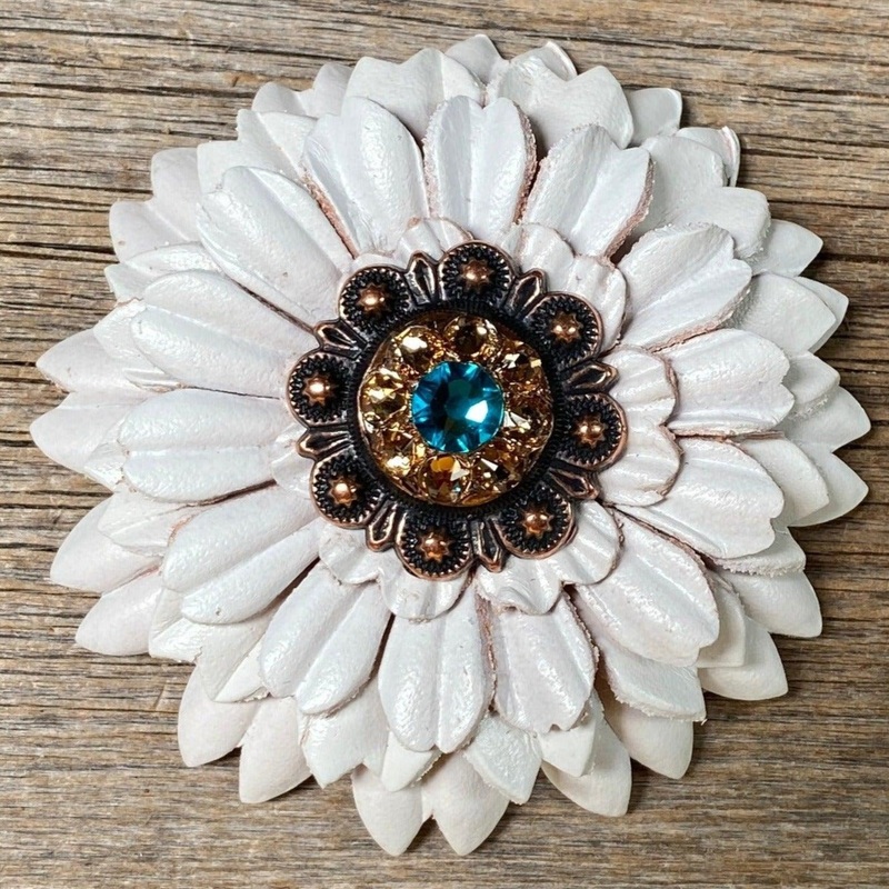 White Daisy Flower With Copper Teal & Champagne 1″ Concho