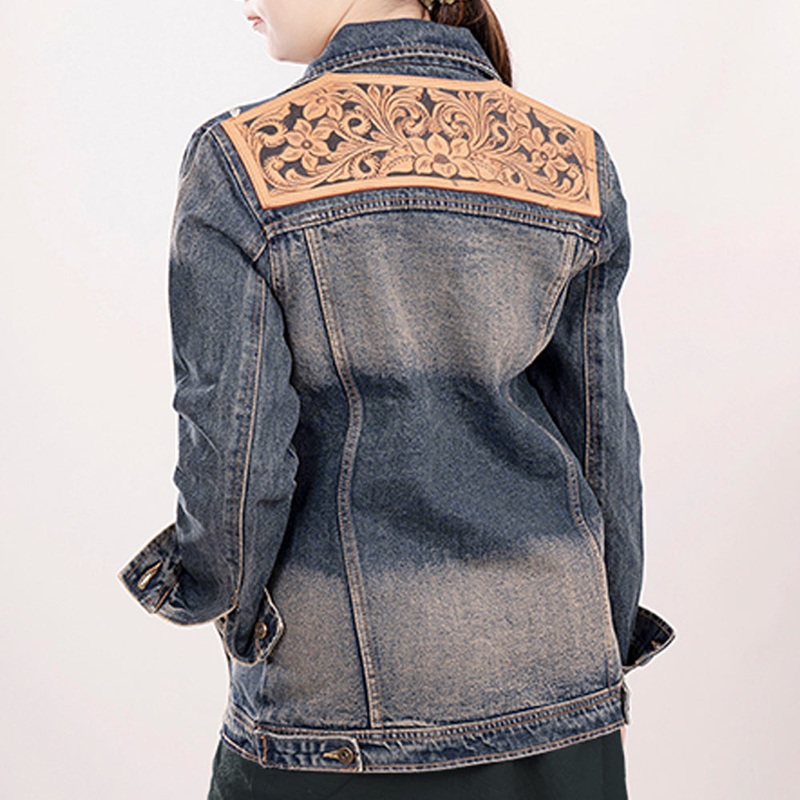 ADJKT011 Genuine leather Hand tooled hand carved Women 100% cotton Denim jacket  dress ladies girl