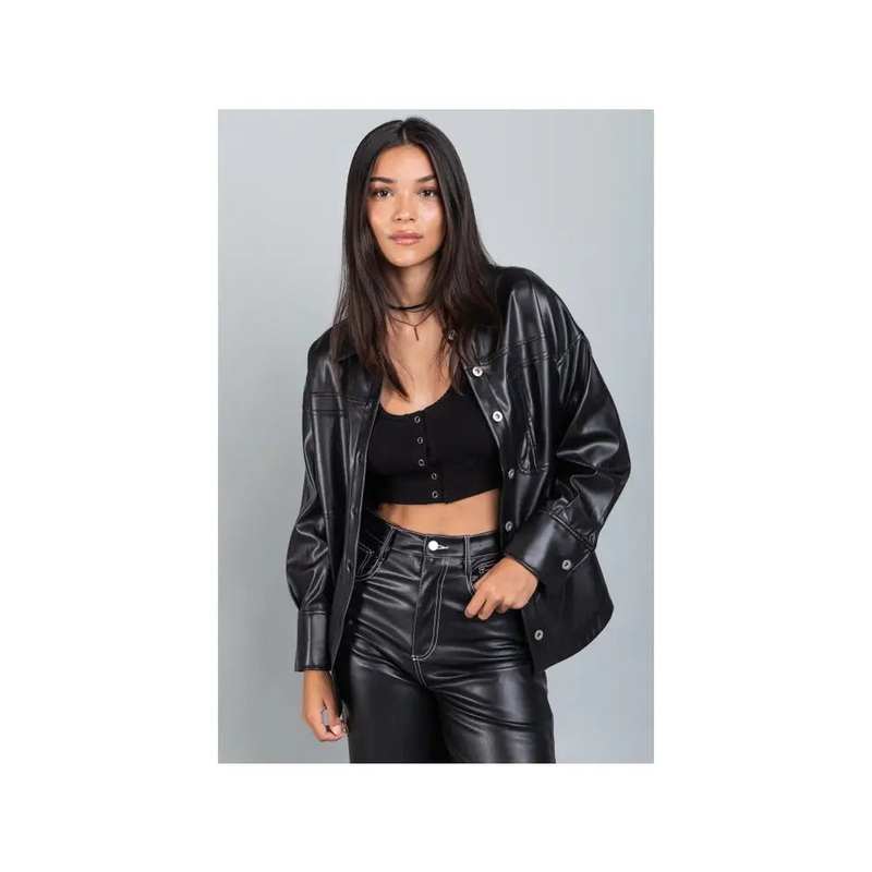 Faux Leather Oversized Casual Shacket Jacket Blazer