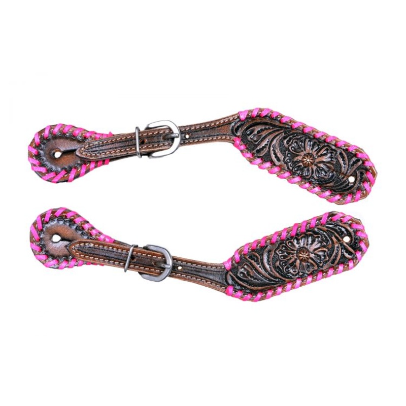 Showman  Ladies size floral tooled spur straps w ith pink leather lacing
