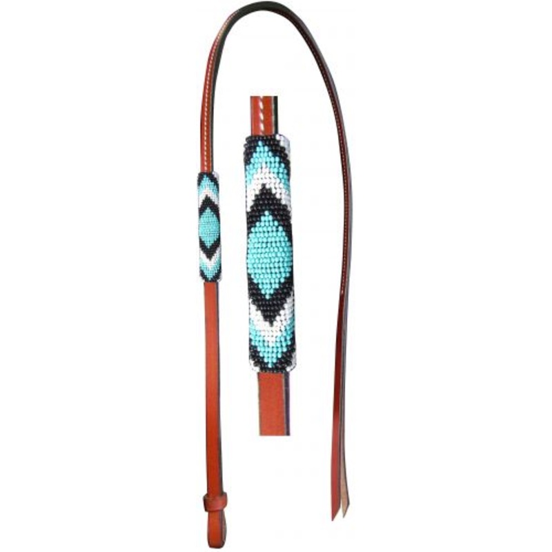 #176919: Showman 4ft Leather over & under whip with teal, black, and white beaded overlay