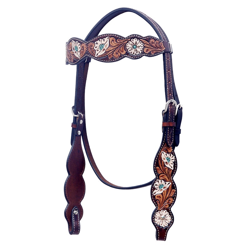 BAR H EQUINE Western Horse Floral Hand Painted Genuine Leather Headstall Dark Brown