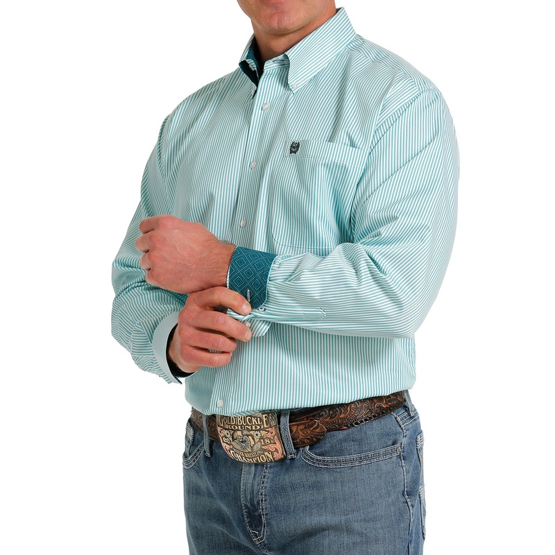 CINCH MENS L/S TEAL AND WHT STRIPE