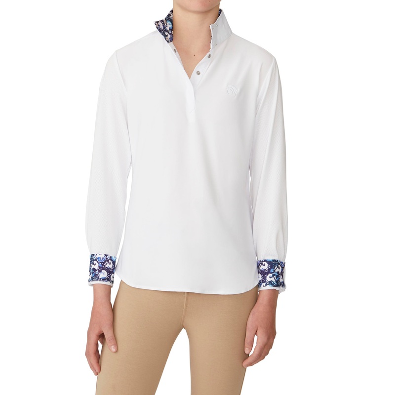 Girls’ Ellie II DX Long Sleeve Show Shirt – White/Blue Whims Horses
