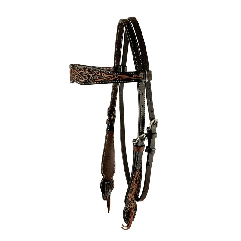 Showman Argentina cow leather browband headstall with sunflower tooling