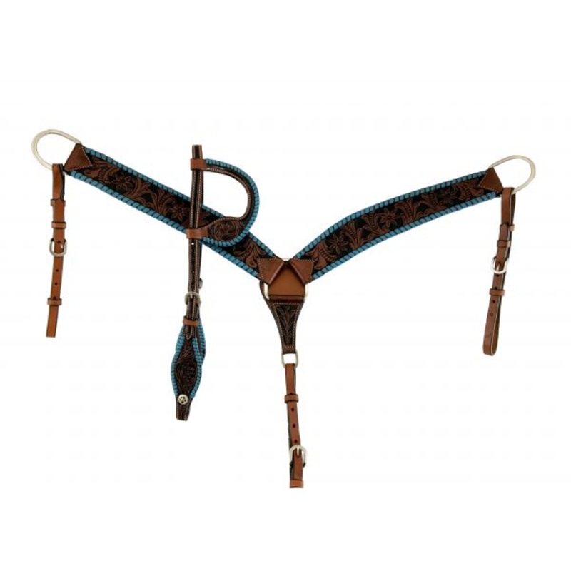 Showman  Argentina medium oil cow leather Headstall & BC Set with turquoise lacing