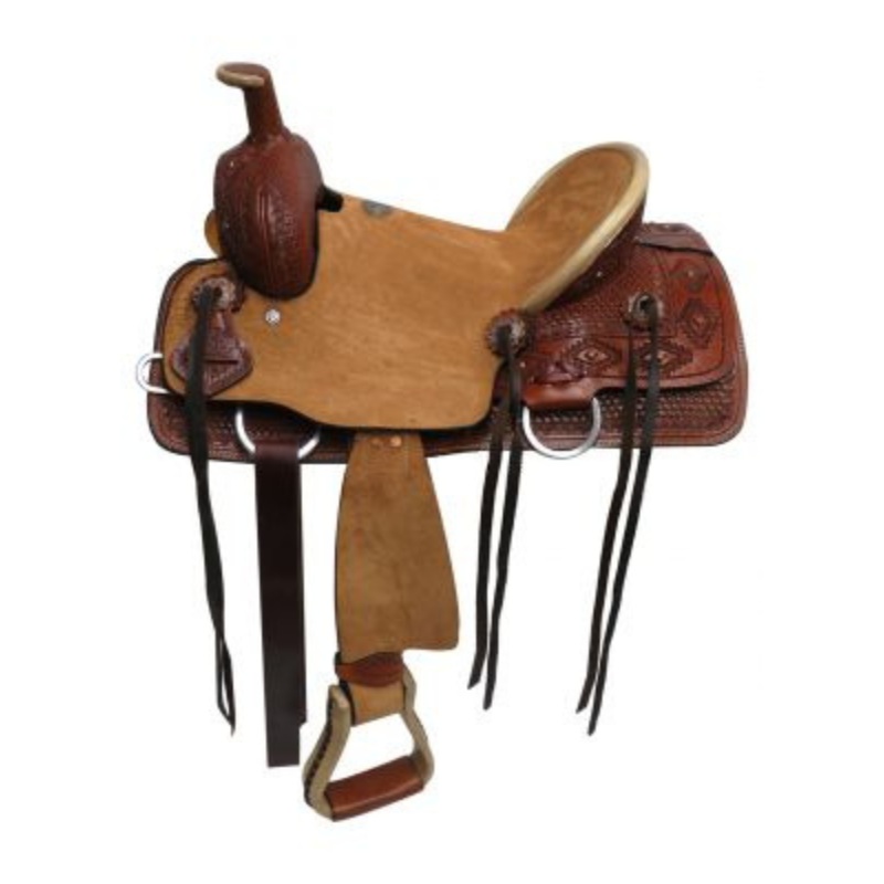 13″ DOUBLE T YOUTH HARD SEAT ROPER STYLE SADDLE WITH BASKET WEAVE AND NAVAJO DIAMOND TOOL