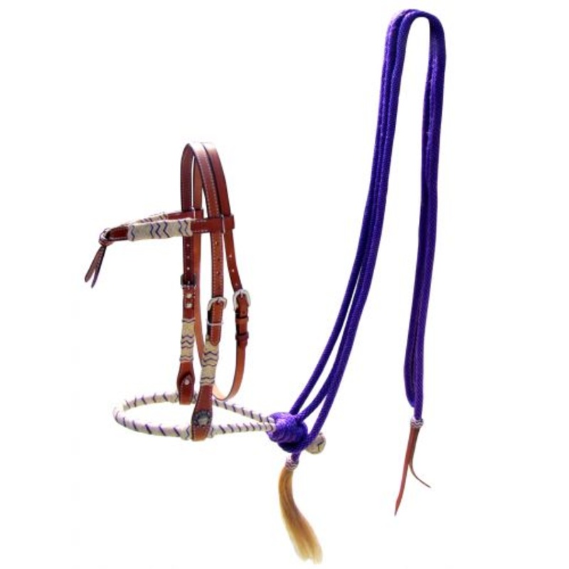#14093: Showman leather futurity knot headstall with purple rawhide braided bosal and purple nylo