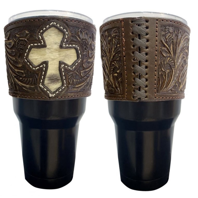 30 oz Insulated Black Tumbler with Removable Argentina Cow Leather Tooled Sleeve With Cross Accent-FREE SHIPPING