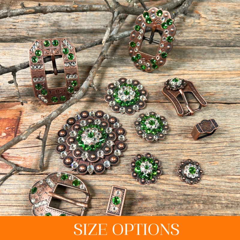 Copper Fern, Clear Crystal Conchos Sizes from 1″-3″ and Buckles