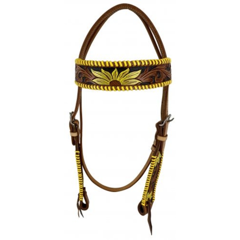 #M-142: Showman  Two Tone Argentina cow leather brow band headstall with hand painted sunflowers