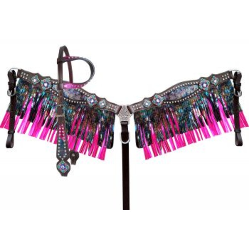 #14413: Showman  Rainbow Inlay metallic with pink metallic accent one ear headstall and breast col