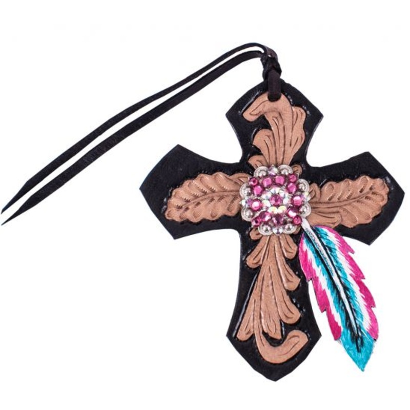 #202284: Showman  Black Tie On Leather Cross with Pink and Turquoise Feather
