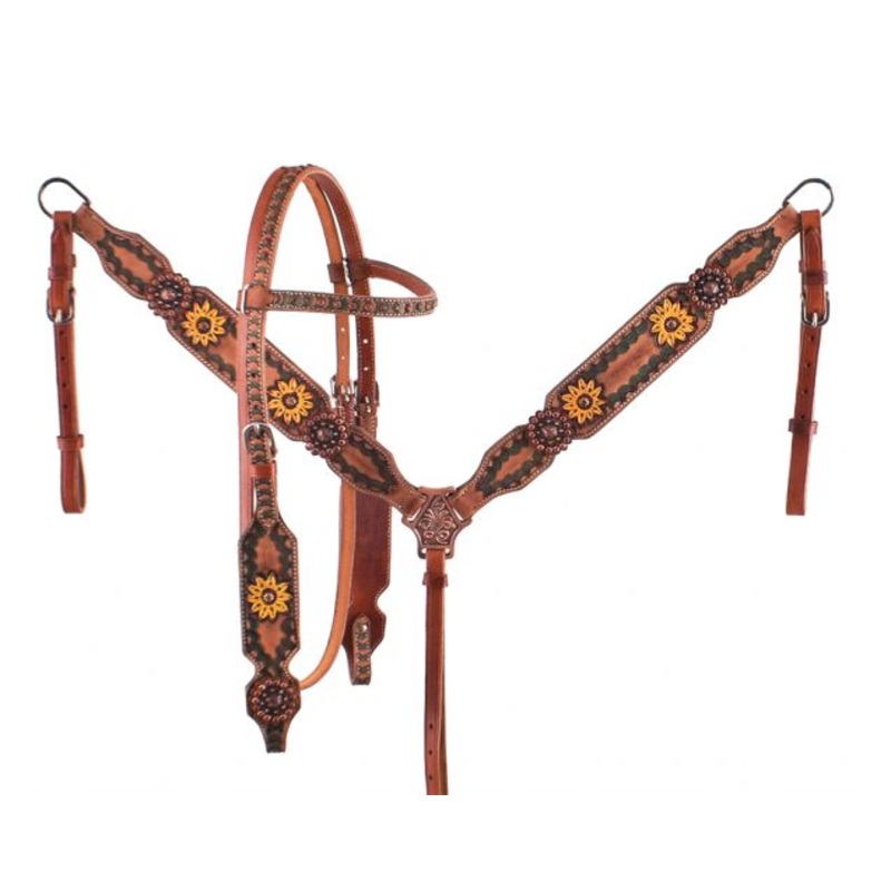#7066X: Showman  Hand Painted Sunflower Leather Browband headstall and breast collar set