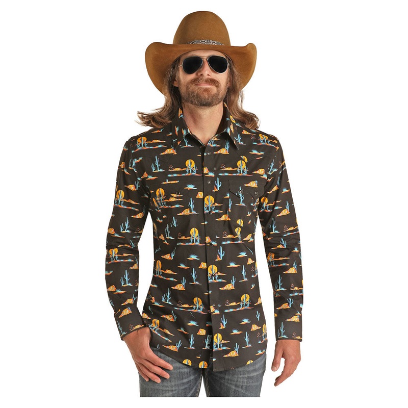 B2S3336 Rock & Roll Denim Men’s Dale Brisby Black Desert Sunset Print Long Sleeve Western Snap Shirt