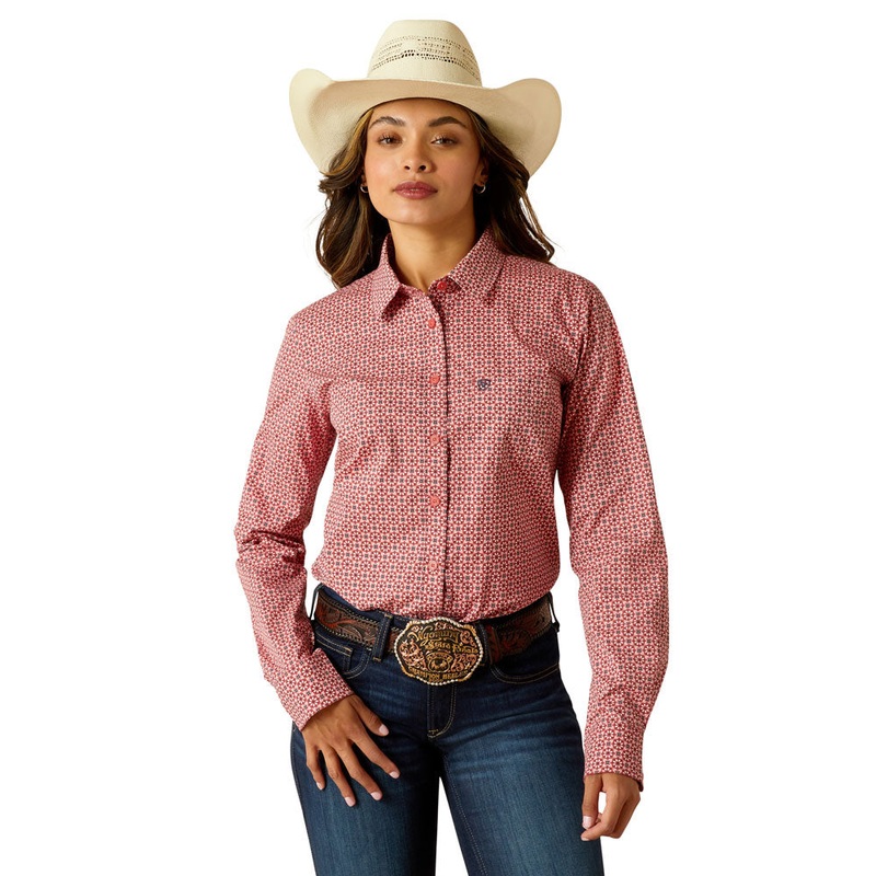 10051332 Ariat Women’s Long Sleeve Kirby Stretch Shirt – Garnet Rose Geo
