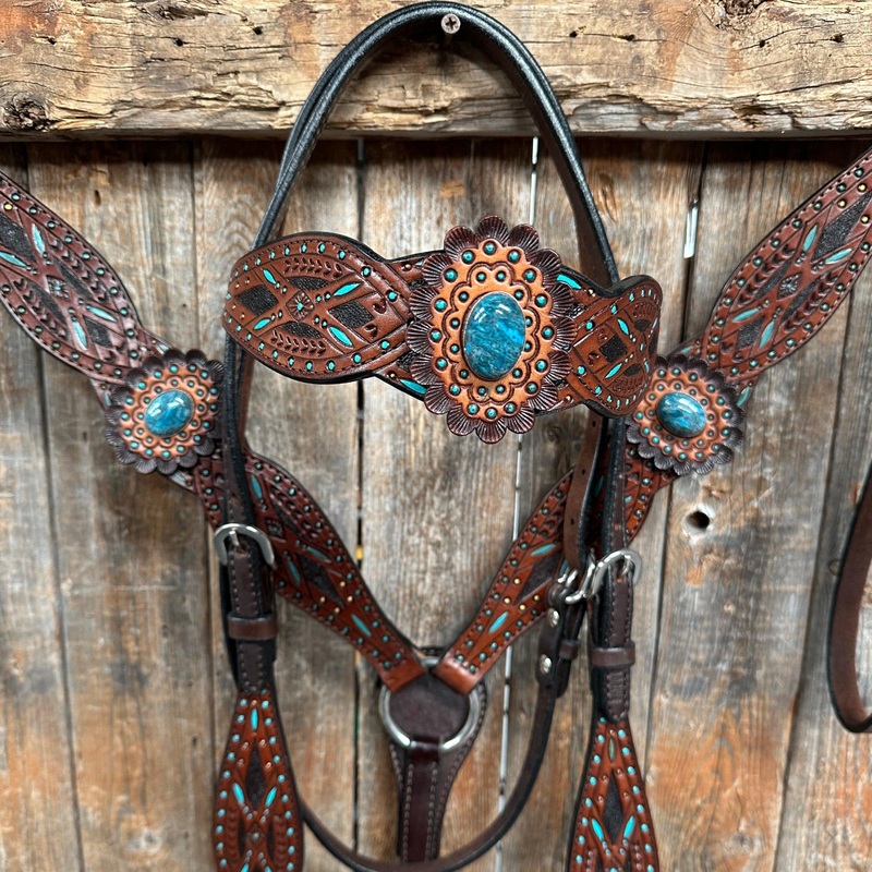 Dark Oil Hand Painted Blue Rosettes Browband/ Breastcollar Tack Set #BBBC522