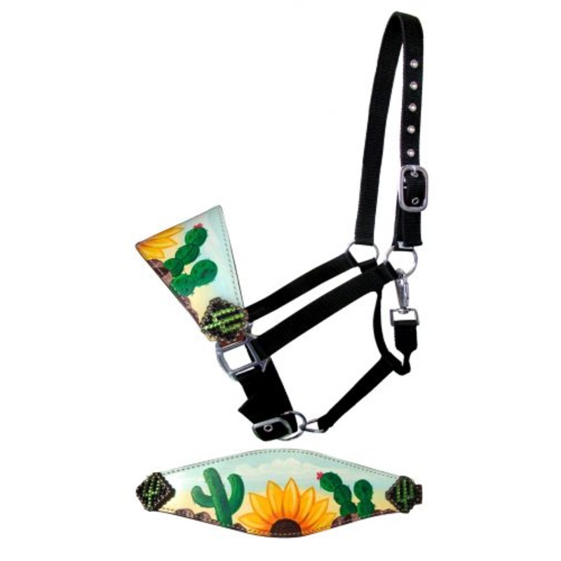 Showman Adjustable nylon bronc halter with hand painted sunflower and cactus nose band