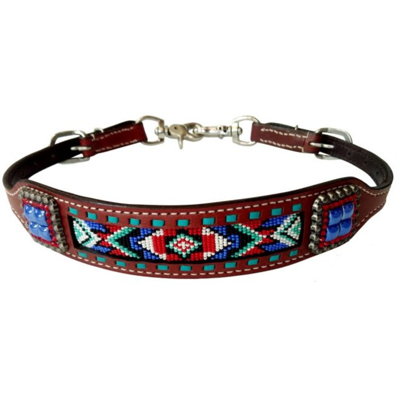 Showman Medium leather wither strap beaded Navaho design inlay with blue Concho accent