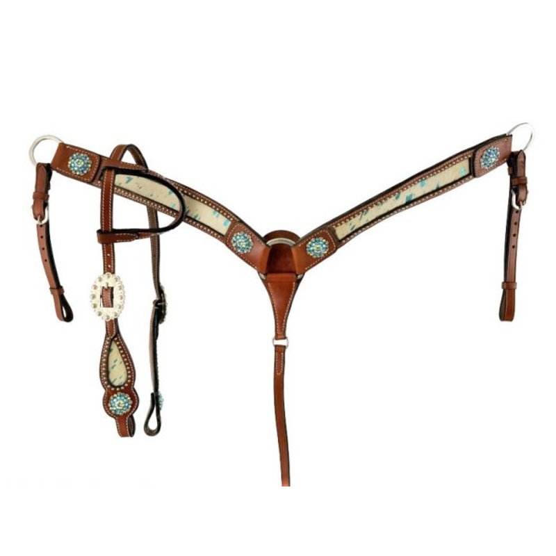 Showman Teal Acid wash Cowhide inlay One Ear headstall and breast collar set with bling conchos and hardware