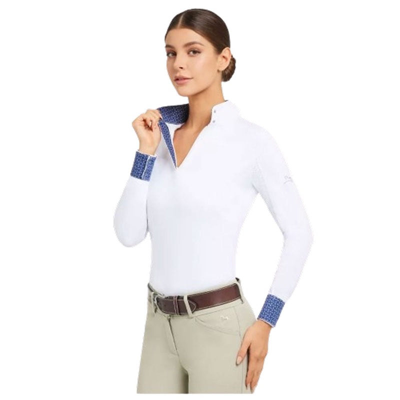 TOR850A R.J. Classics Women’s Tori Long Sleeve White Show Shirt – Navy Bit Print