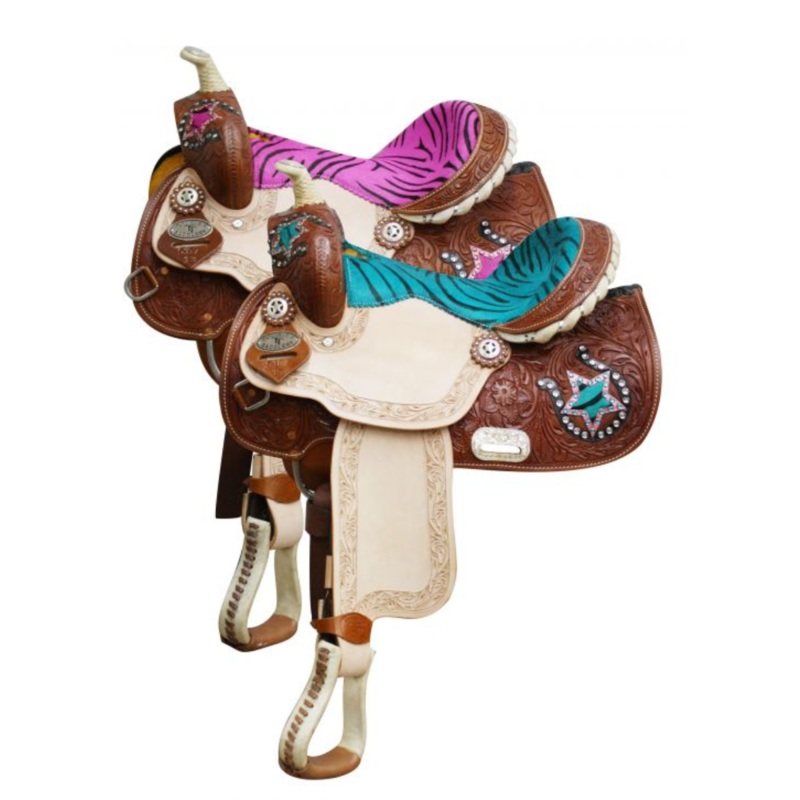13″ DOUBLE T YOUTH/ PONY SADDLE WITH HAIR ON ZEBRA PRINT SEAT AND HORSE SHOE AND STAR ACCE