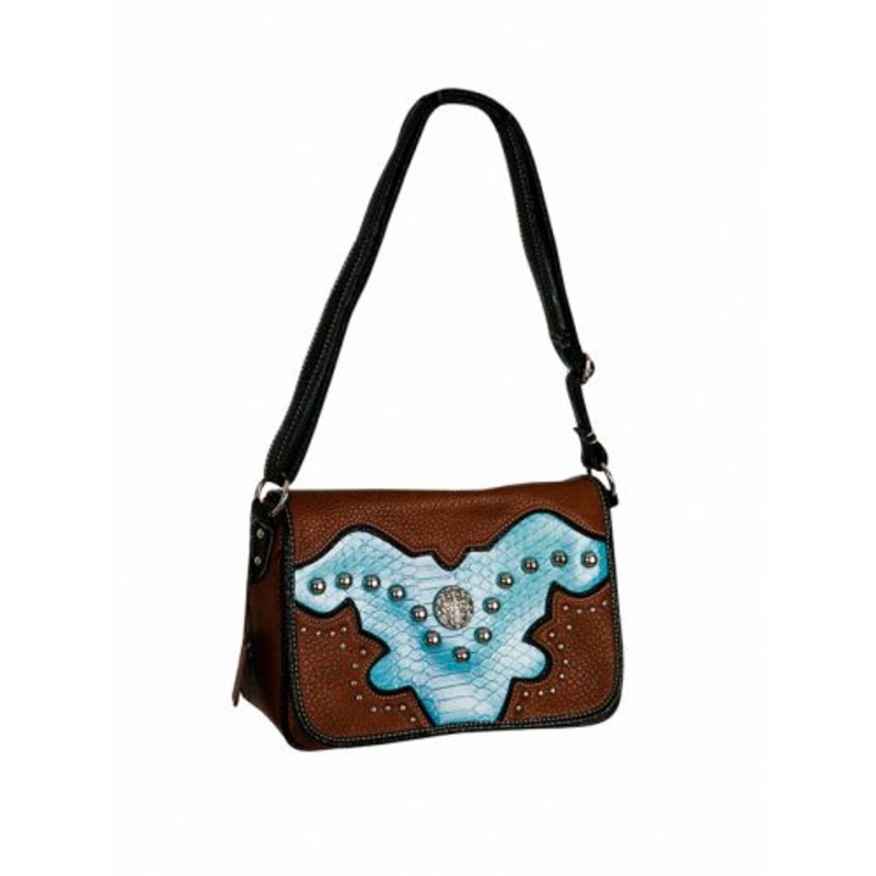 #BA2527-C: P and G Collection Medium brown messenger bag with light blue alligator inlay