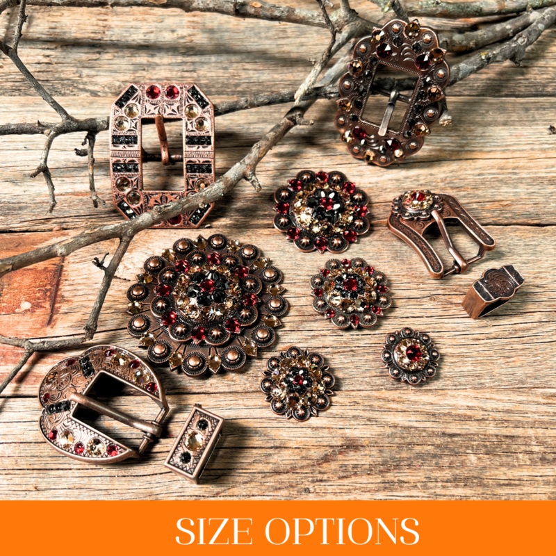 Copper Ruby – Jet – Champagne – Crystal Conchos Sizes from 1″-3″ and Buckles