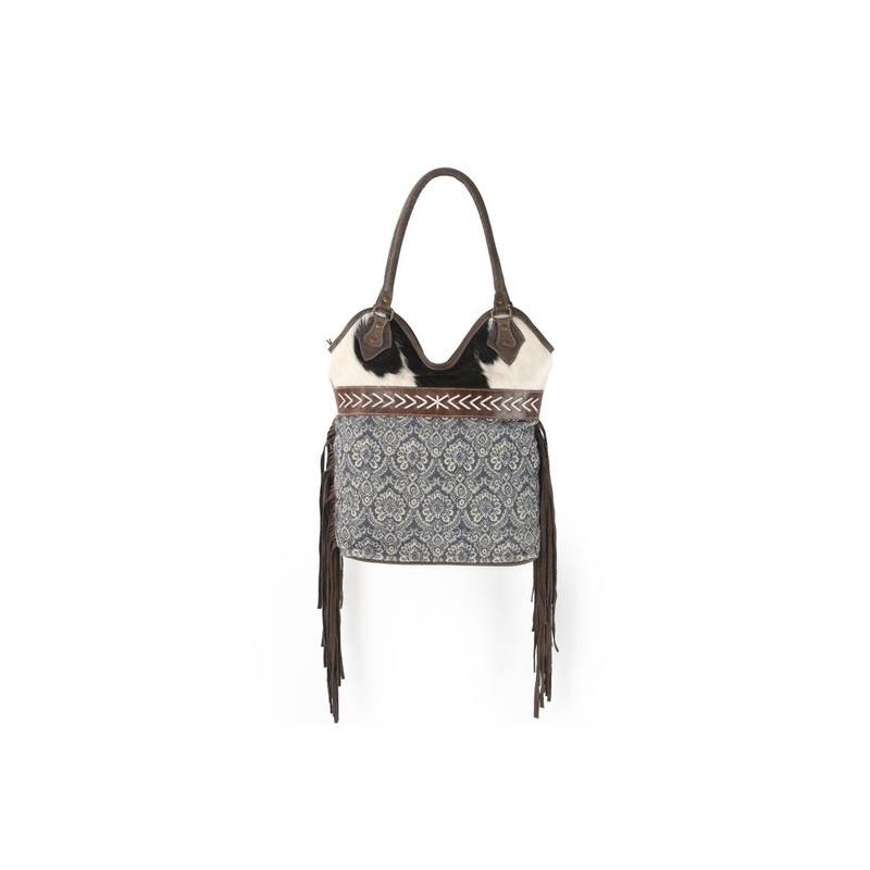 Klassy Cowgirl 16″ x 18″ Canvas Tote Handbag with Hair on cowhide and leather fringe