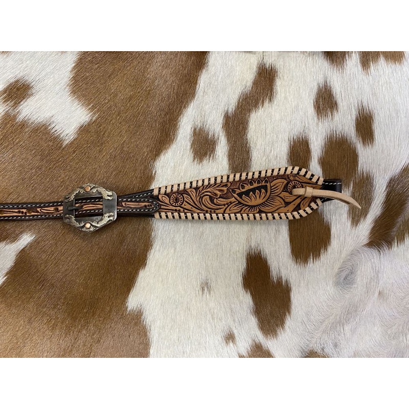Showman Two Tone Argentina Cow Leather One Ear Headstall with Floral Tooled Inlays