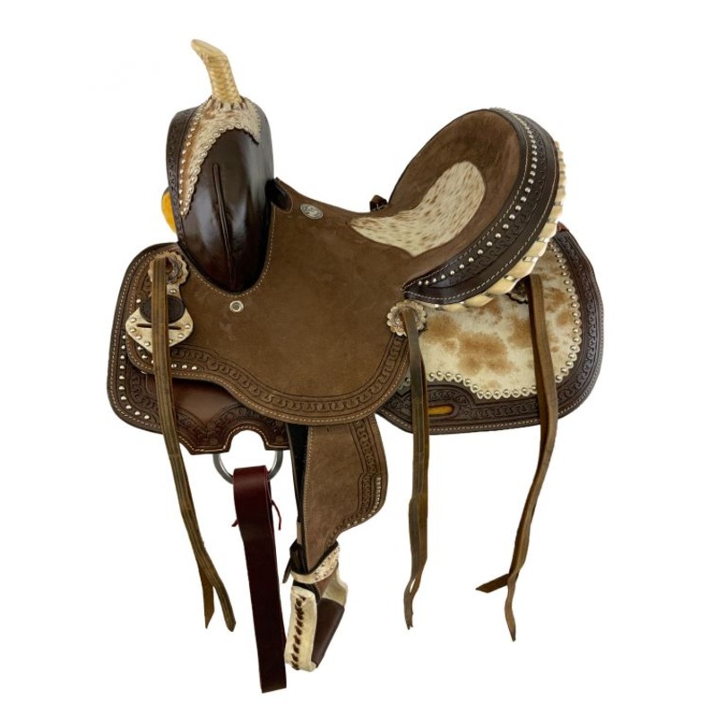 12 Double T Youth Hard Seat Barrel style saddle with hair on cowhide accent seat