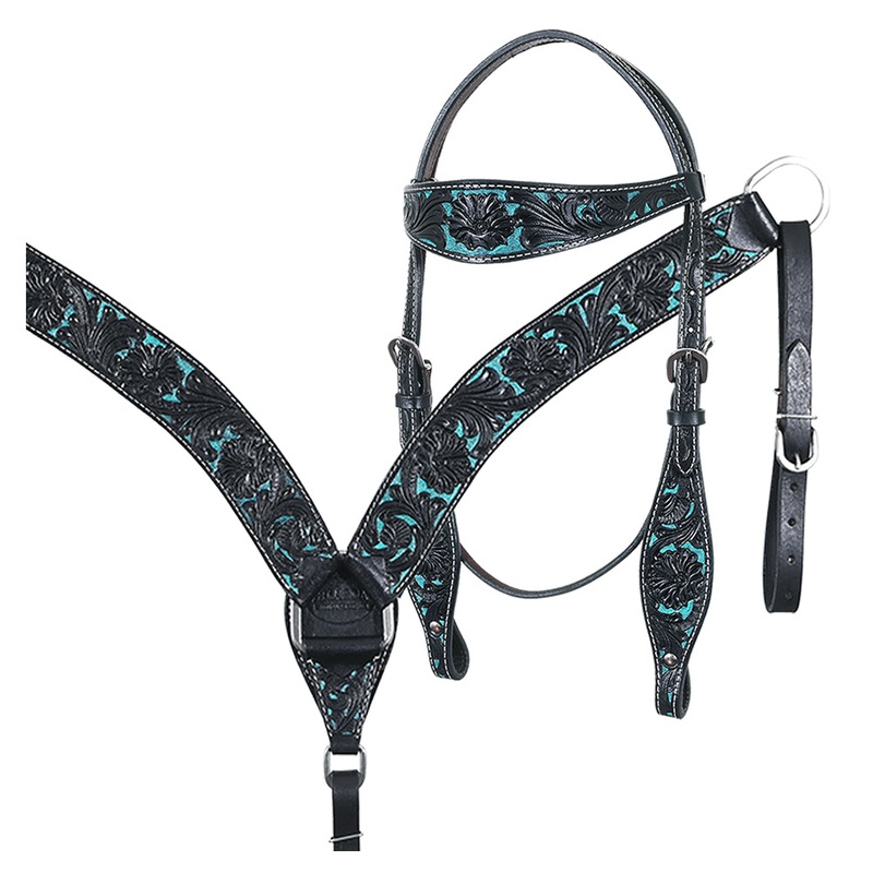 Western Horse Headstall & Breast Collar Tack American Leather Black Turquoise Hilason