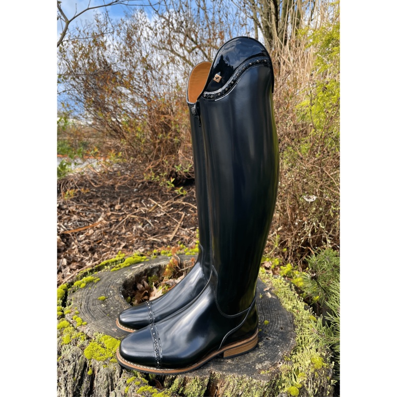 DeNiro Bellini Dressage Boot – Brushed Black with Patent Uptop & Rose Gold