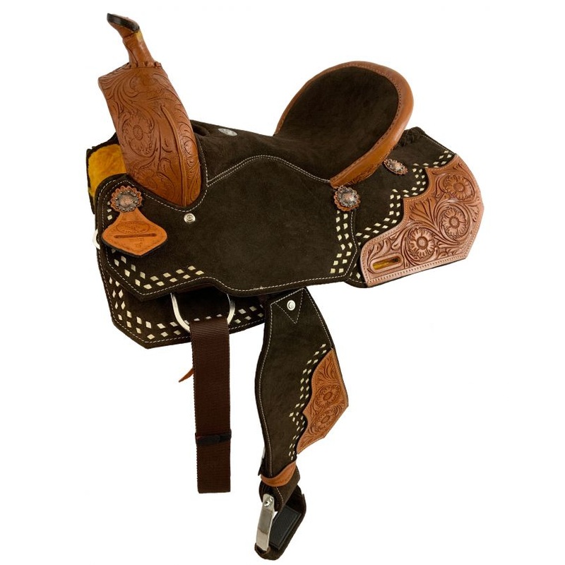 15 Double T Brown Suede Barrel Saddle With Floral Tooling and White Buckstitching