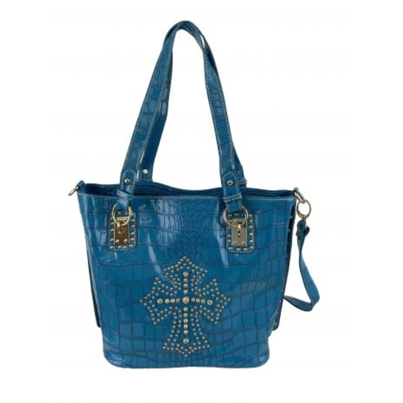 #BA1775-B: P&G TurquoiseGator Synthetic Purse w/ Rhinestone & Beaded Cross, this purse features a