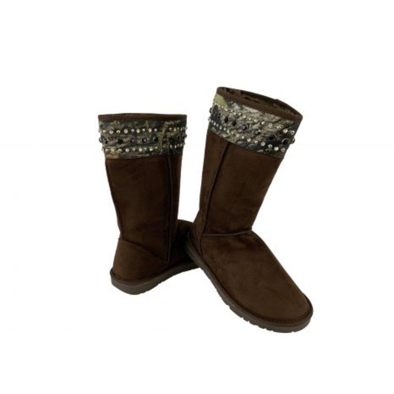 #BA3334-C: Dark Brown Suede Tall Boot With Camo Print Accent with Beading