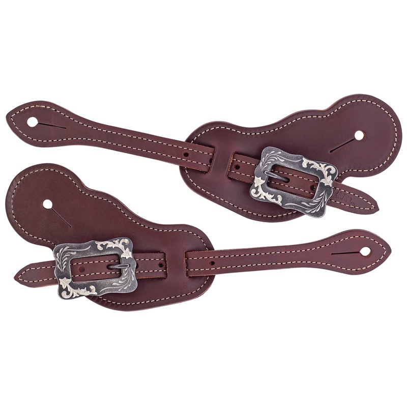 Buckaroo Oiled Canyon Rose Harness Leather Spur Straps, Buffed Brown Scalloped Buckle