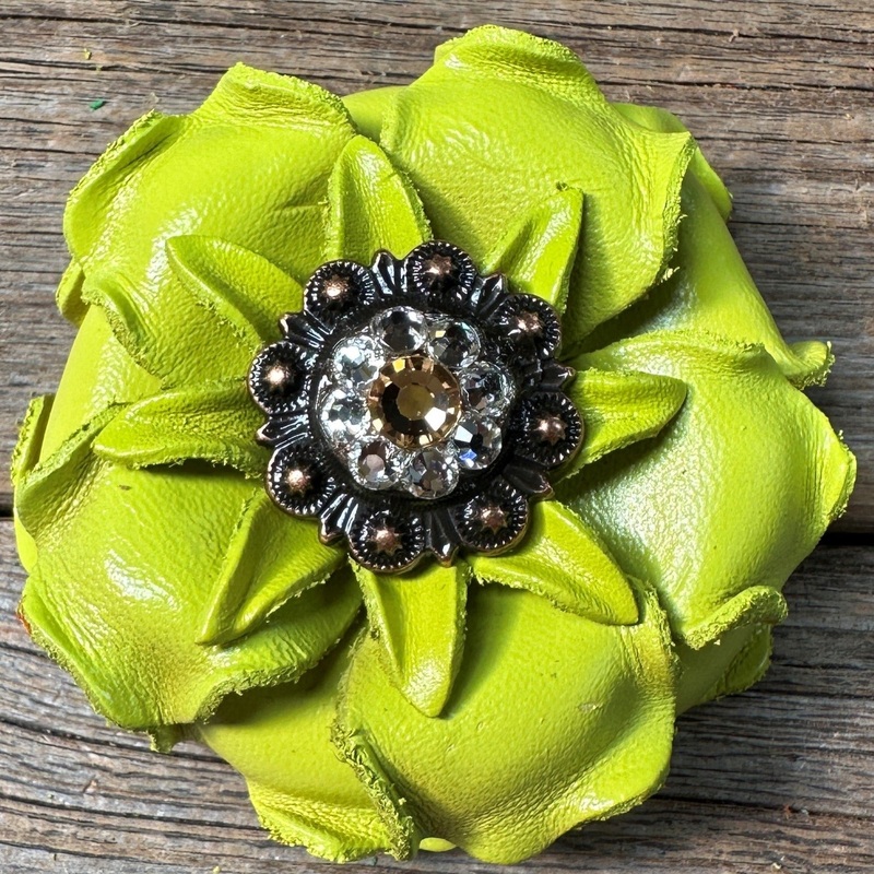 Neon Lime  Gardenia Flower With Copper Champagne & Clear 1″ Concho