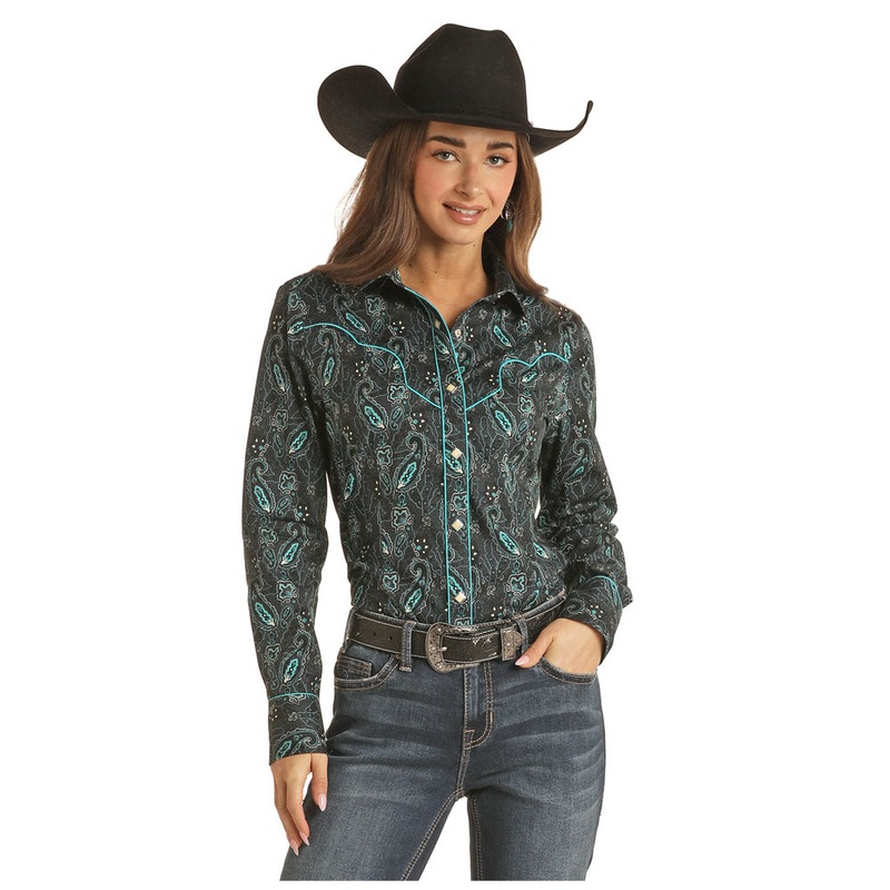 RRWSOSRZ13 Rock & Roll Cowgirl Paisley Print Western Snap Shirt – Teal