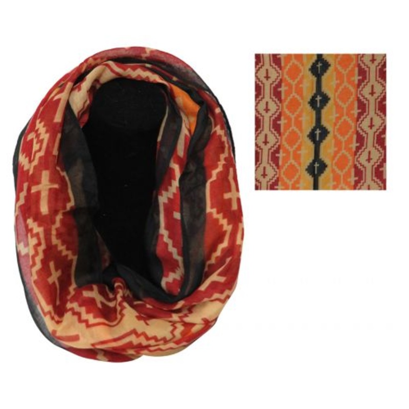 #SC0060RD: 74″ X 20″ Red/Orange/Yellow/Black woven infinity scarf with cross design