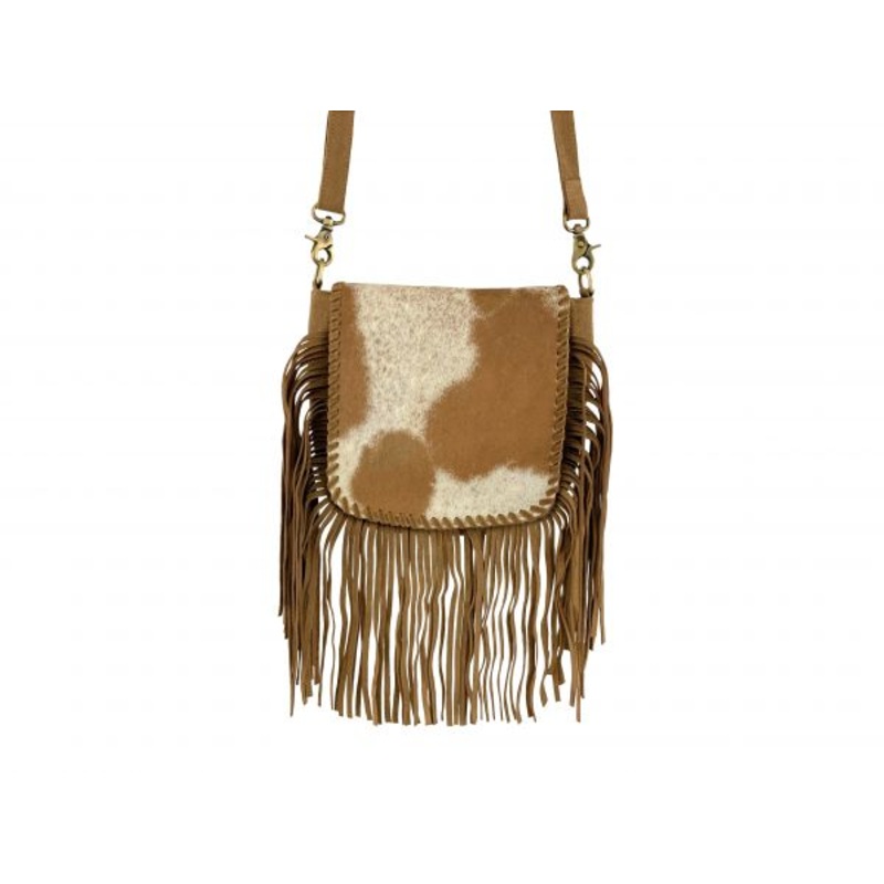 Showman Leather Crossbody Bag with hair on cowhide fringe design and crossbody strap