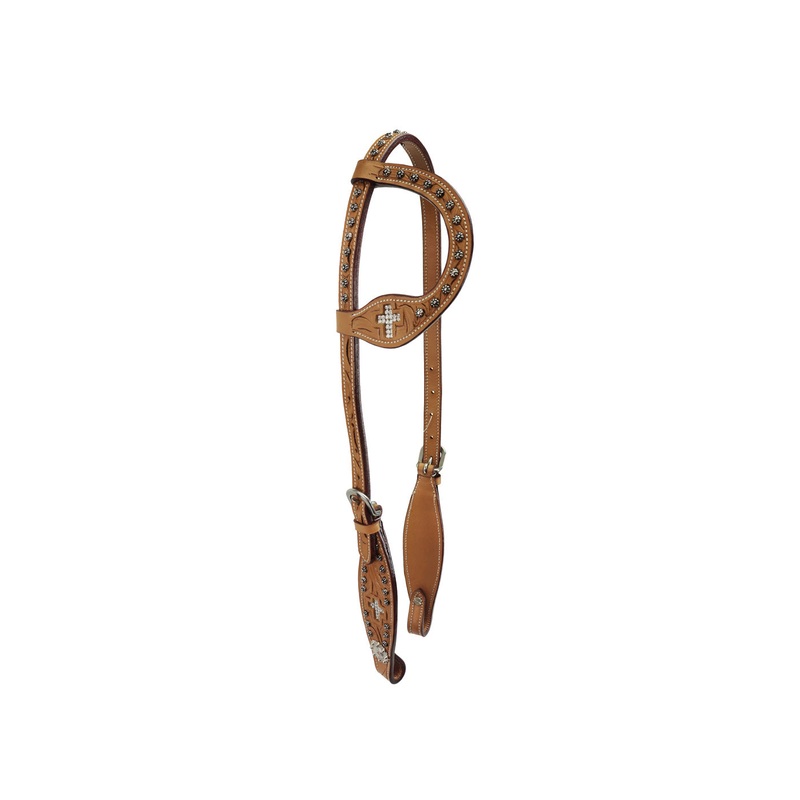 Tahoe Tack Show Crystal Cross Hand-Tooled Western Slip Ear Headstall